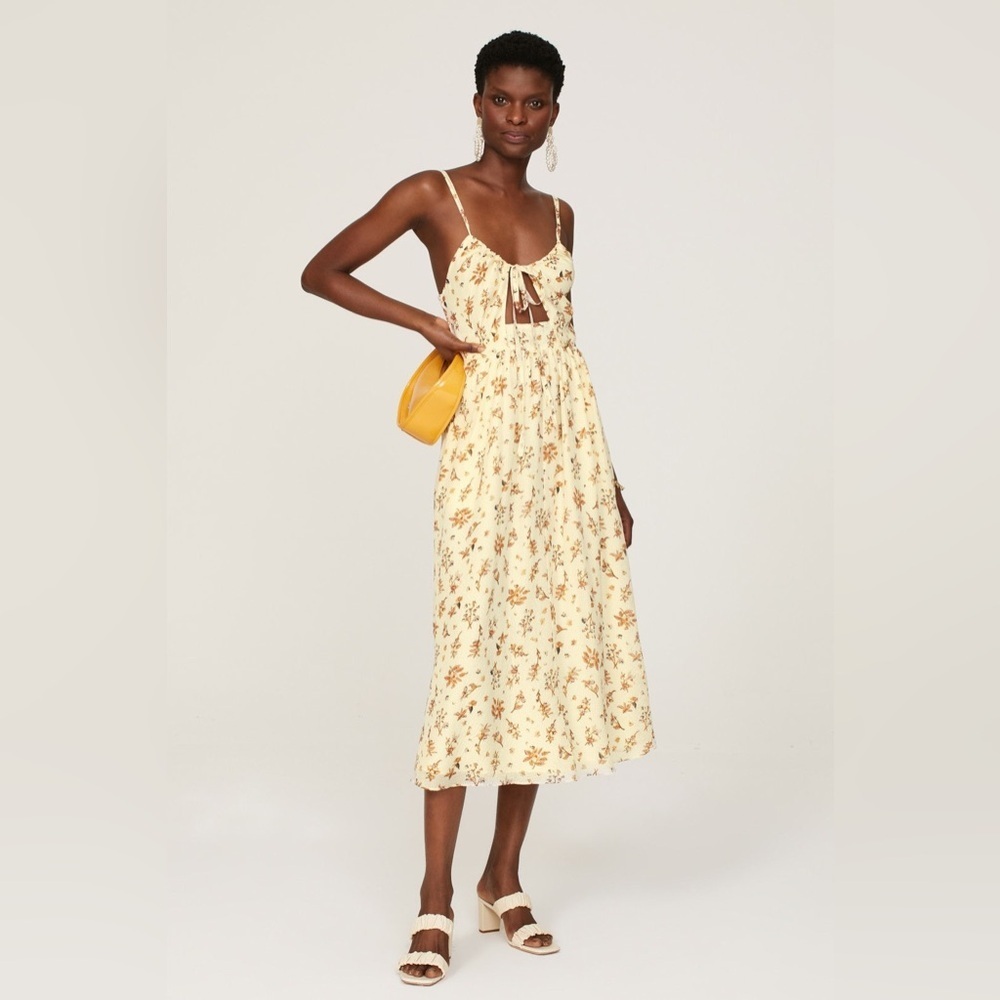 Madewell Cream Yellow Floral Tie-Front Midi 100% Silk Dress